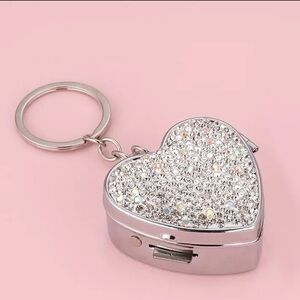 Silver and Rhinestone Heart Mini Metal Pillbox with Keychain
